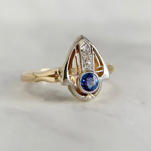 Antique 14K Two-Tone Old Mine Sapphire and Diamond Shield Ring