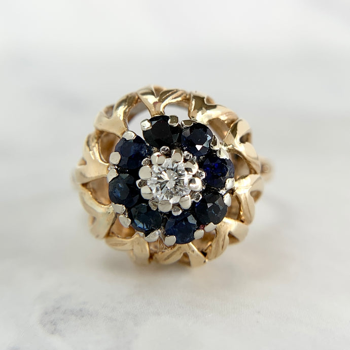 Vintage 14K Yellow Gold Sapphire Diamond Dome Ring