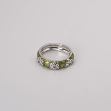 Load image into Gallery viewer, 18K White Gold HPHT Blue and White Diamond w/ Green Enamel Flower Band Ring