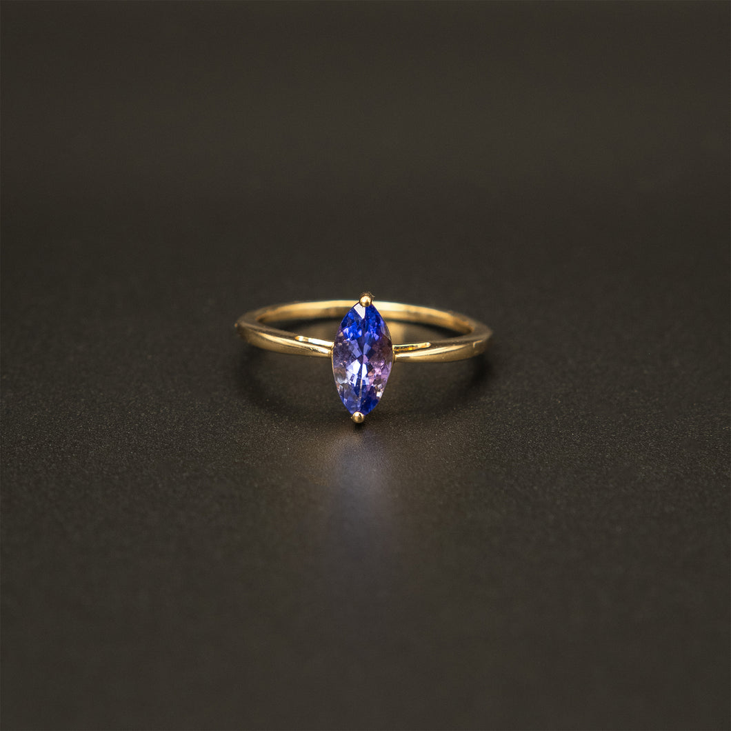 English Made .375 10k Yellow Gold Marquise Tanzanite Solitaire Ring
