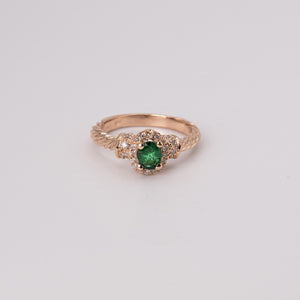Vintage 14k Rose Gold Rope Design Oval Emerald and White Diamond Ring