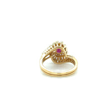 Load image into Gallery viewer, 18K Yellow Gold Ruby and Baguette Diamond Swirl Ring