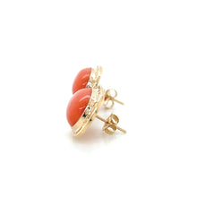 Load image into Gallery viewer, 14K Yellow Gold Coral Cabochon Greek Key Earrings