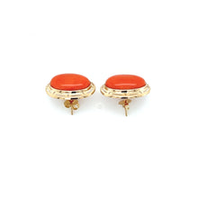 Load image into Gallery viewer, 14K Yellow Gold Coral Cabochon Greek Key Earrings