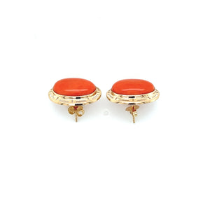 14K Yellow Gold Coral Cabochon Greek Key Earrings