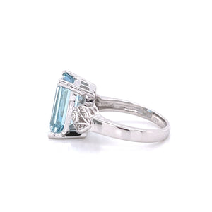 18K White Gold Emerald Cut Aquamarine and Diamond Ring