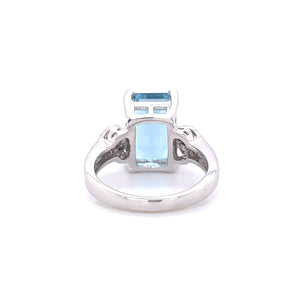 18K White Gold Emerald Cut Aquamarine and Diamond Ring