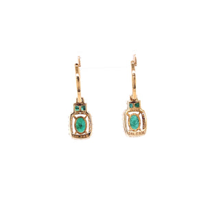 14K Two-Tone Oval Cut Emerald and Diamond Drop Earrings
