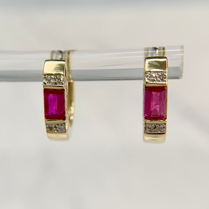 14K Yellow Gold Natural Ruby and Diamond Huggie Earrings