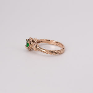 Vintage 14k Rose Gold Rope Design Oval Emerald and White Diamond Ring