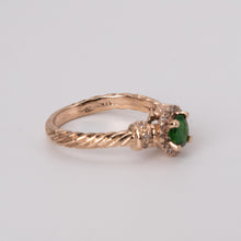 Load image into Gallery viewer, Vintage 14k Rose Gold Rope Design Oval Emerald and White Diamond Ring