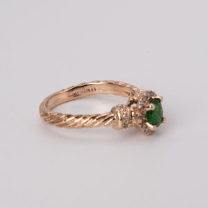 Vintage 14k Rose Gold Rope Design Oval Emerald and White Diamond Ring
