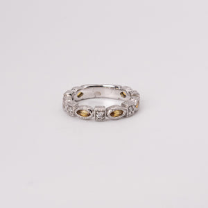 Vintage 14k White Gold Diamond and Marquise Yellow Sapphire Milgrain Ring