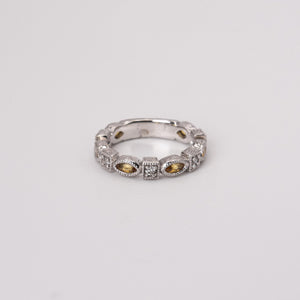 Vintage 14k White Gold Diamond and Marquise Yellow Sapphire Milgrain Ring