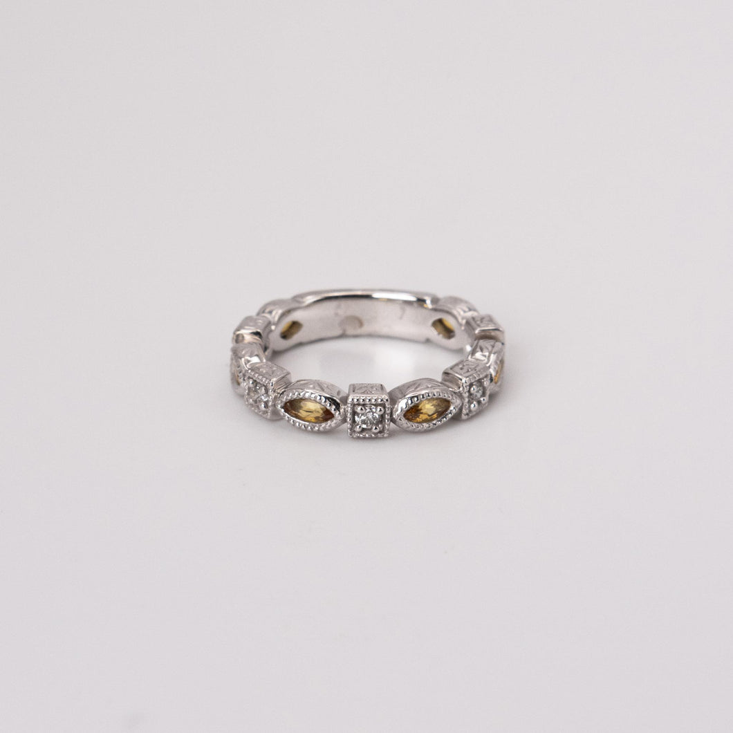 Vintage 14k White Gold Diamond and Marquise Yellow Sapphire Milgrain Ring