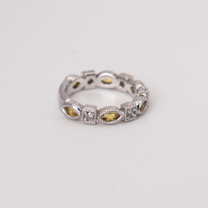 Vintage 14k White Gold Diamond and Marquise Yellow Sapphire Milgrain Ring