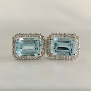 10K White Gold Natural Aquamarine and Diamond Earrings