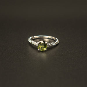 14k White Gold Oval Cut Green Sapphire and Round White Diamond Ring