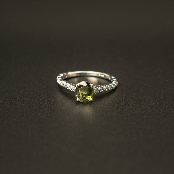 14k White Gold Oval Cut Green Sapphire and Round White Diamond Ring
