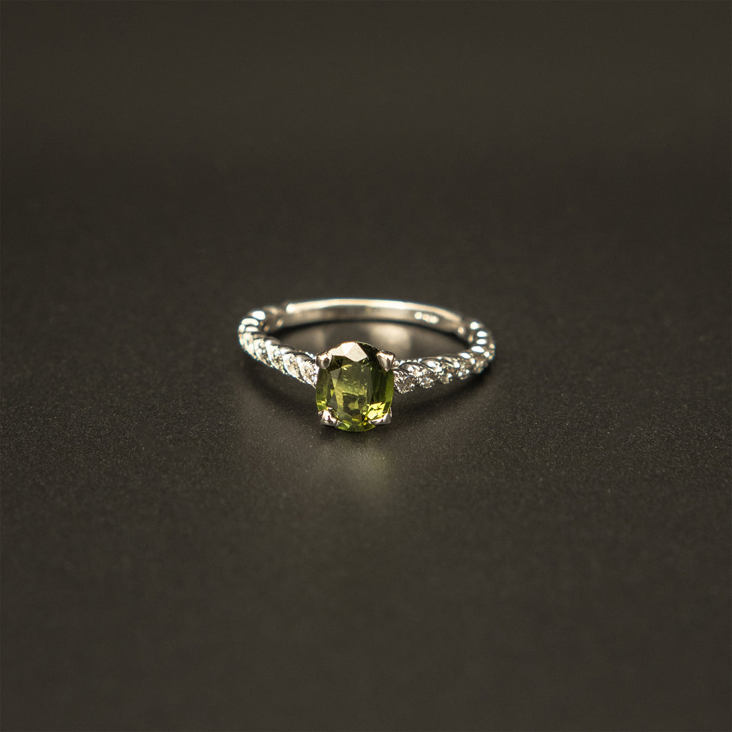 14k White Gold Oval Cut Green Sapphire and Round White Diamond Ring
