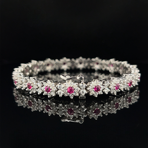 14K White Gold Ruby and 5 Carat Diamond Flower Bracelet