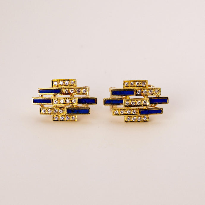 14k Yellow Gold Lapis Lazuli & Diamond Statement Earrings