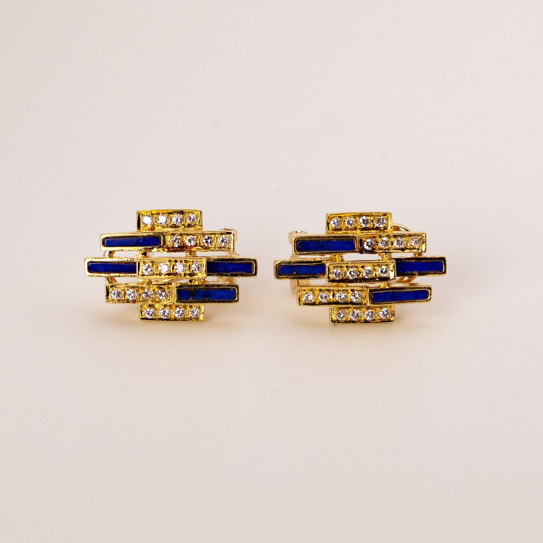 14k Yellow Gold Lapis Lazuli & Diamond Statement Earrings