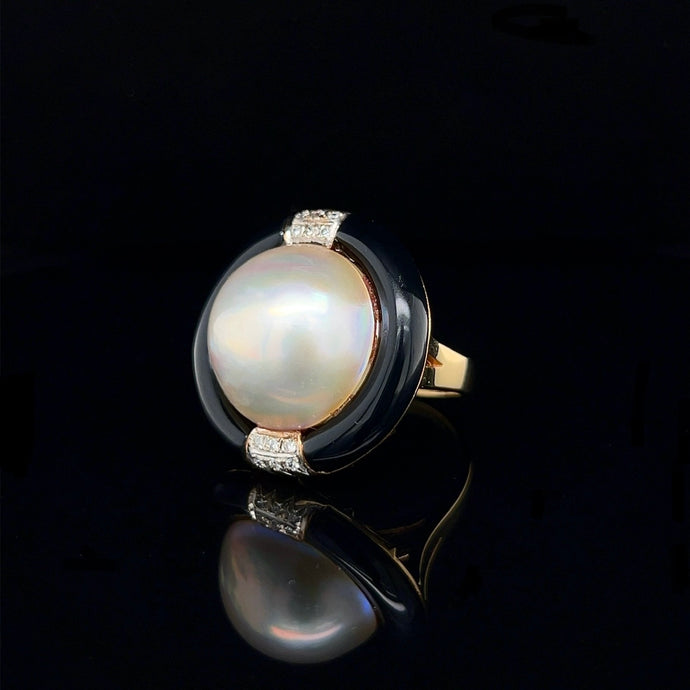 14K Yellow Gold Onyx Mabe Pearl and Diamond Statement Ring