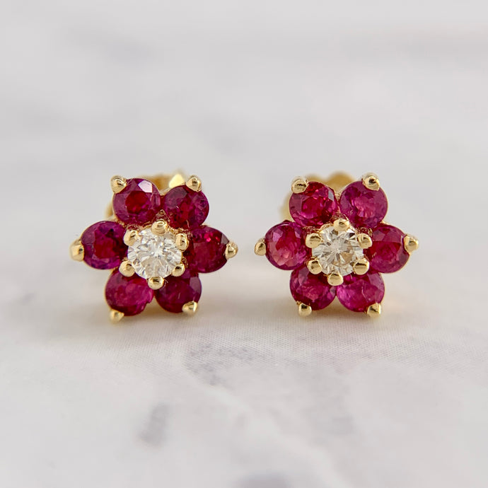 14K Yellow Gold Red Spinel and Diamond Flower Earrings