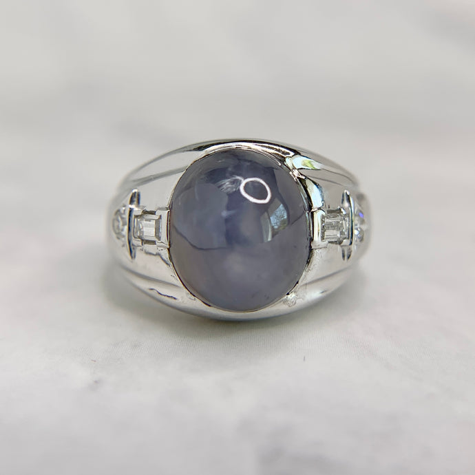 Vintage 18K White Gold Natural Star Sapphire and Diamond Ring