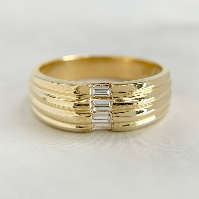14K Yellow Gold Baguette Diamond Grooved Unisex Band