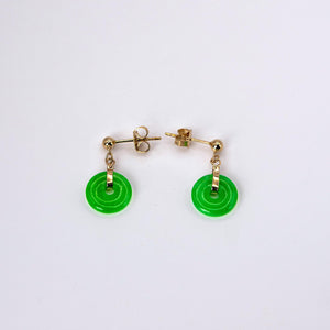 14K Yellow Gold Round Shape Jade Dangling  Earrings