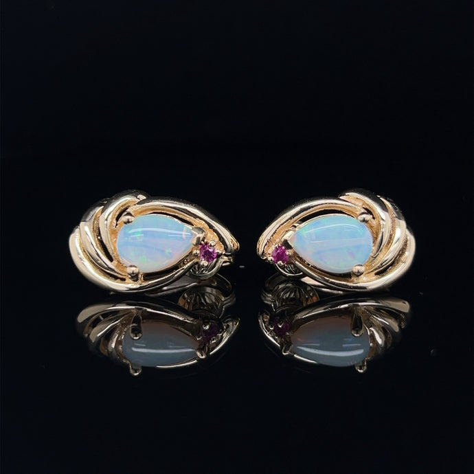 14K Yellow Gold Natural Opal and Ruby Clip On Earrings