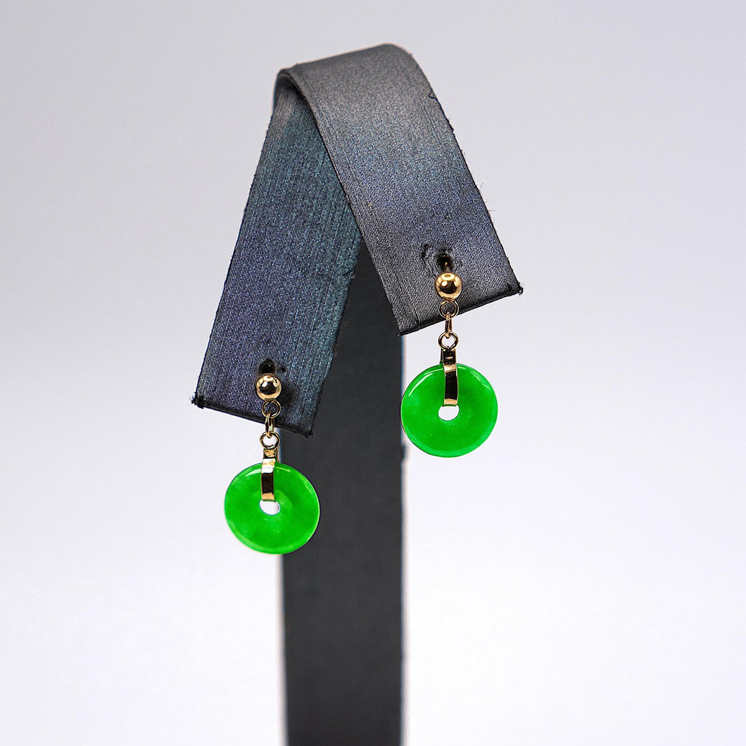 14K Yellow Gold Round Shape Jade Dangling  Earrings