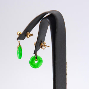 14K Yellow Gold Round Shape Jade Dangling  Earrings