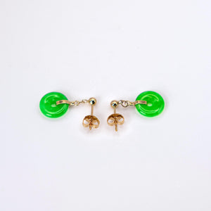 14K Yellow Gold Round Shape Jade Dangling  Earrings