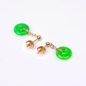 14K Yellow Gold Round Shape Jade Dangling  Earrings