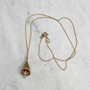 14K Yellow Gold Diamond Textured Bell Pendant Necklace