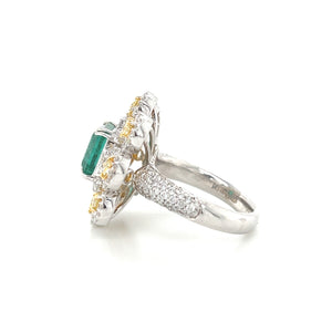 18K White Gold Emerald and Fancy Yellow Diamond Statement Ring