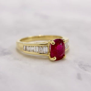 18K Yellow Gold Ruby and Baguette Diamond Ring