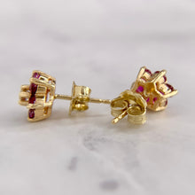 Load image into Gallery viewer, 14K Yellow Gold Red Spinel and Diamond Flower Earrings