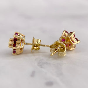 14K Yellow Gold Red Spinel and Diamond Flower Earrings