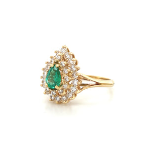 14K Yellow Gold Pear Cut Emerald Diamond Cocktail Ring