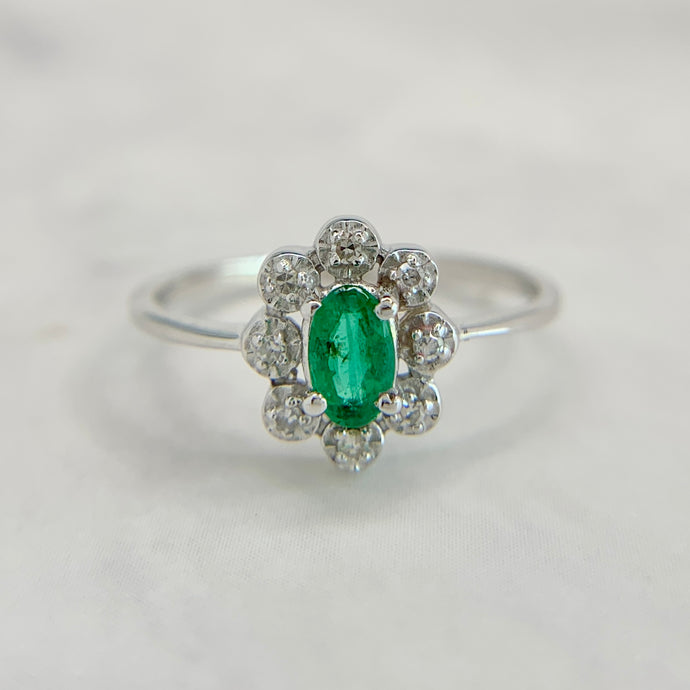 14K White Gold .25ct Natural Emerald and Diamond Ring