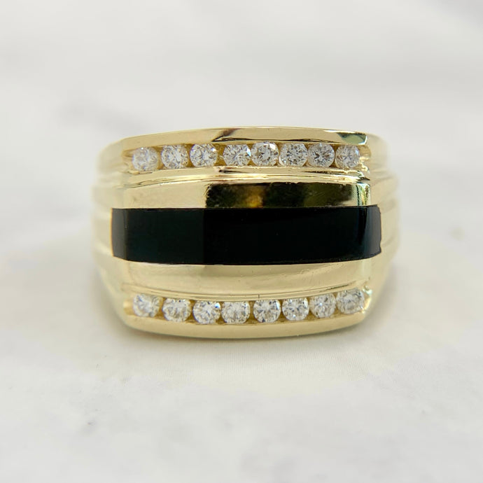 14K Yellow Gold Onyx and Diamond Unisex Ring