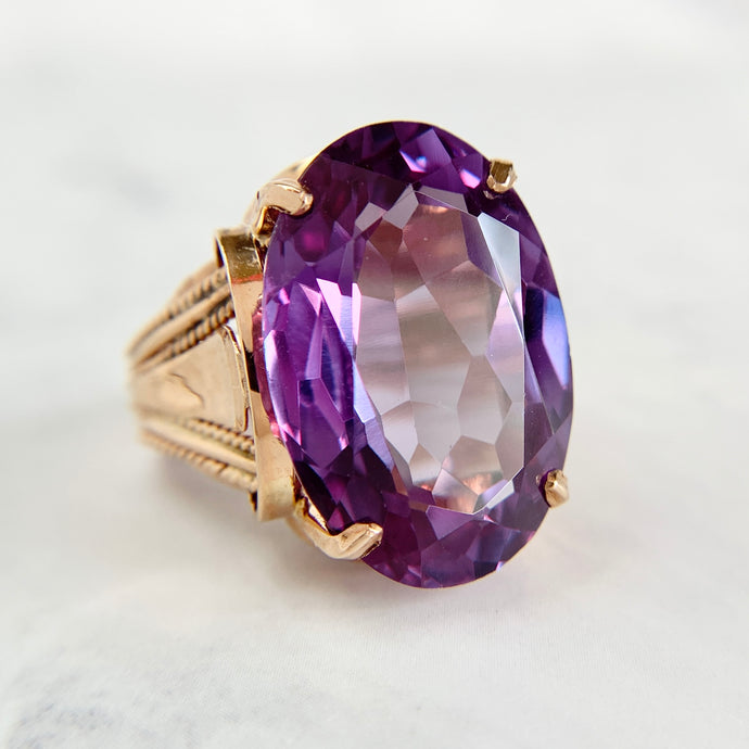 Art Deco 14K Rose Gold Synthetic Color Change Sapphire Ring