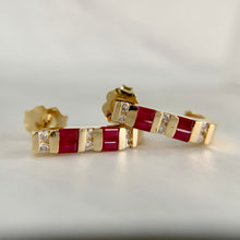 Load image into Gallery viewer, 14K Yellow Gold Ruby and Diamond J Earrings