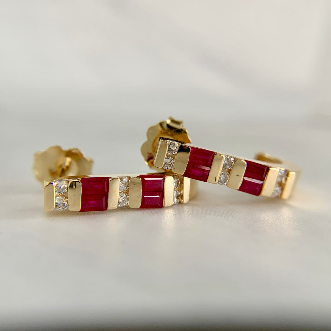 14K Yellow Gold Ruby and Diamond J Earrings