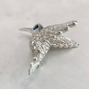 14K White Gold Diamond and Sapphire Hummingbird Brooch