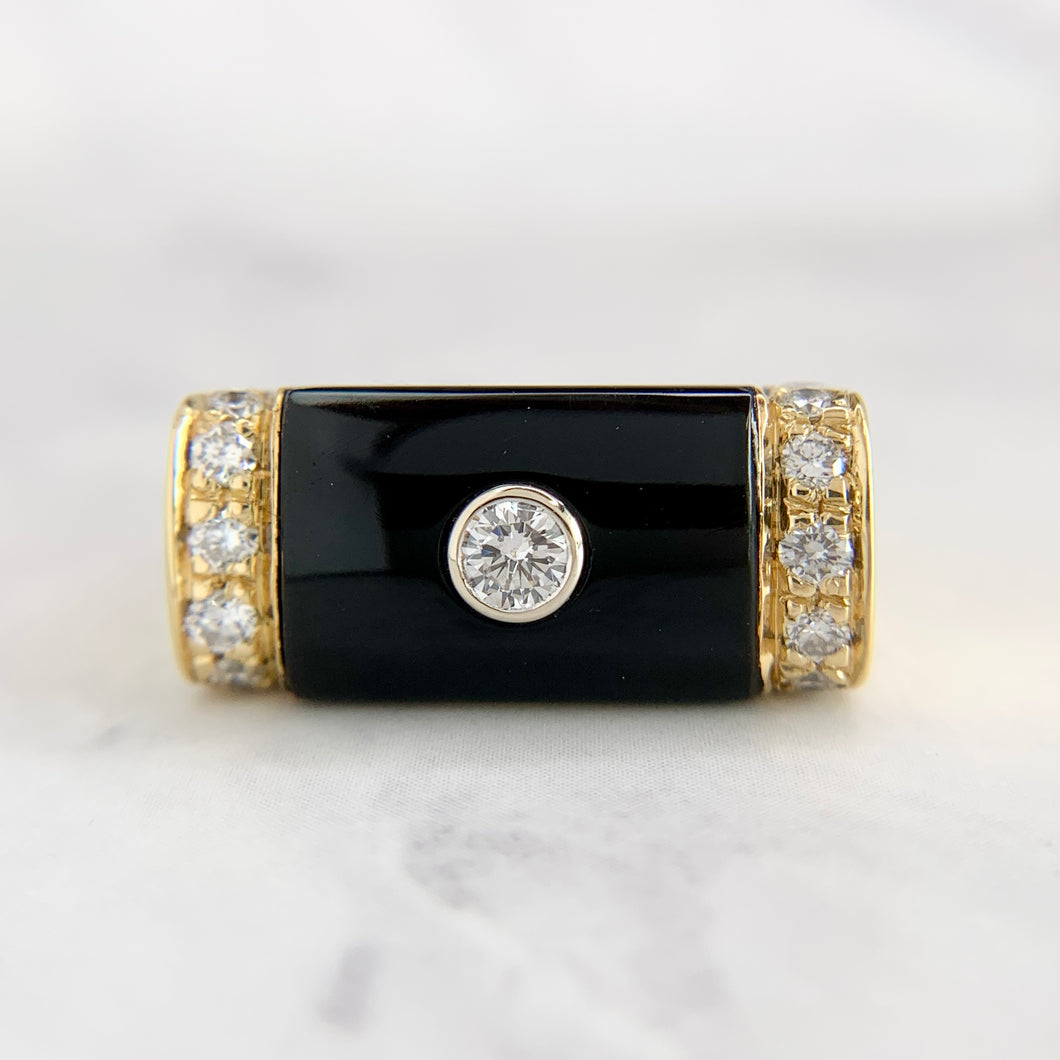 18K Yellow Gold Onyx and Bezel Set Diamond Ring